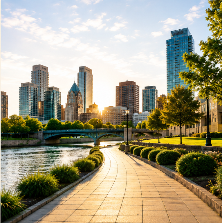 A welcoming city walkway leading into a thriving community