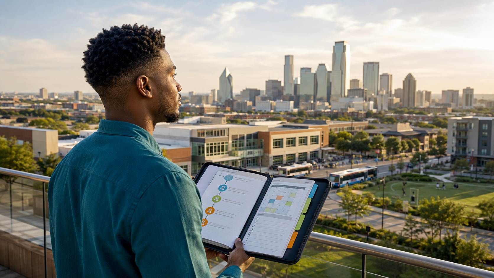 A young man reviewing his personal plan while looking toward a city full of opportunity